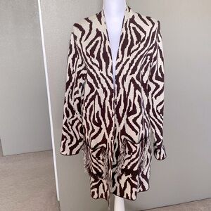 Cyrus Fringed Detail Knit Cardigan, Animal Print, Brown and Cream, size Large